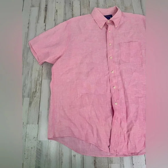 Brooks Brothers Button-Up Shirt Men XL Pink 100% Irish Linen Short Sleeve - Picture 3 of 9
